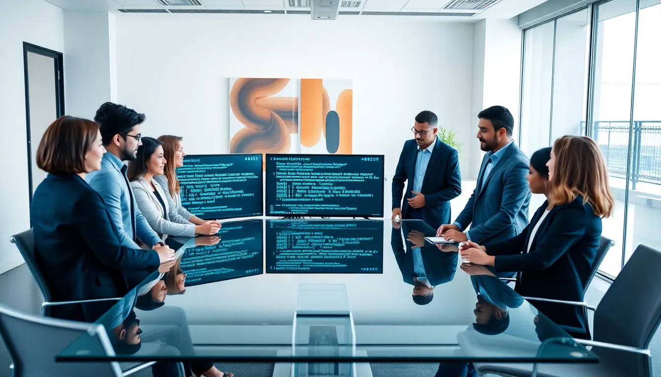 diverse professionals discussing technology in a modern office.
